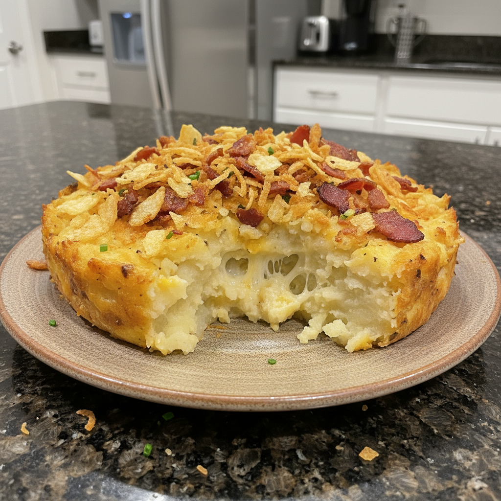 Golden brown mashed potato casserole, fresh from the oven.