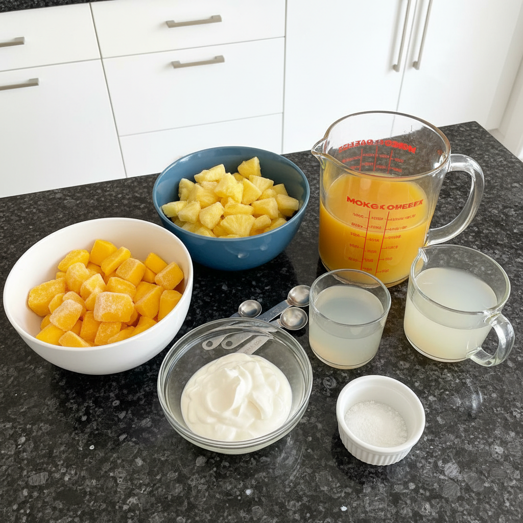 All the McDonalds Mango Pineapple Smoothie Copycat ingredients laid out on a wooden table