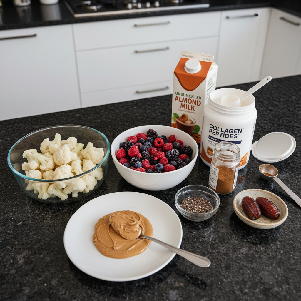 All the ingredients for a meal replacement smoothie: fruit, protein powder, milk, and more.