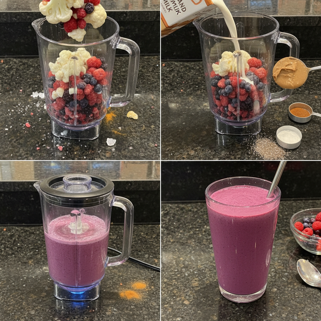 Blending a healthy meal replacement smoothie in a kitchen setting. Easy steps to follow.