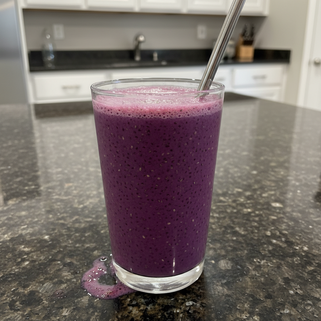 Delicious meal replacement smoothie in a glass with fresh fruit. Quick and healthy recipe.