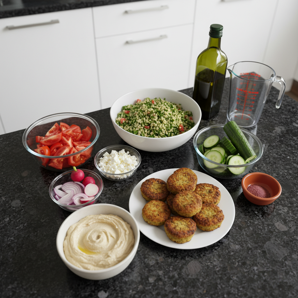 Assortment of fresh ingredients for making a Mediterranean falafel bowl.