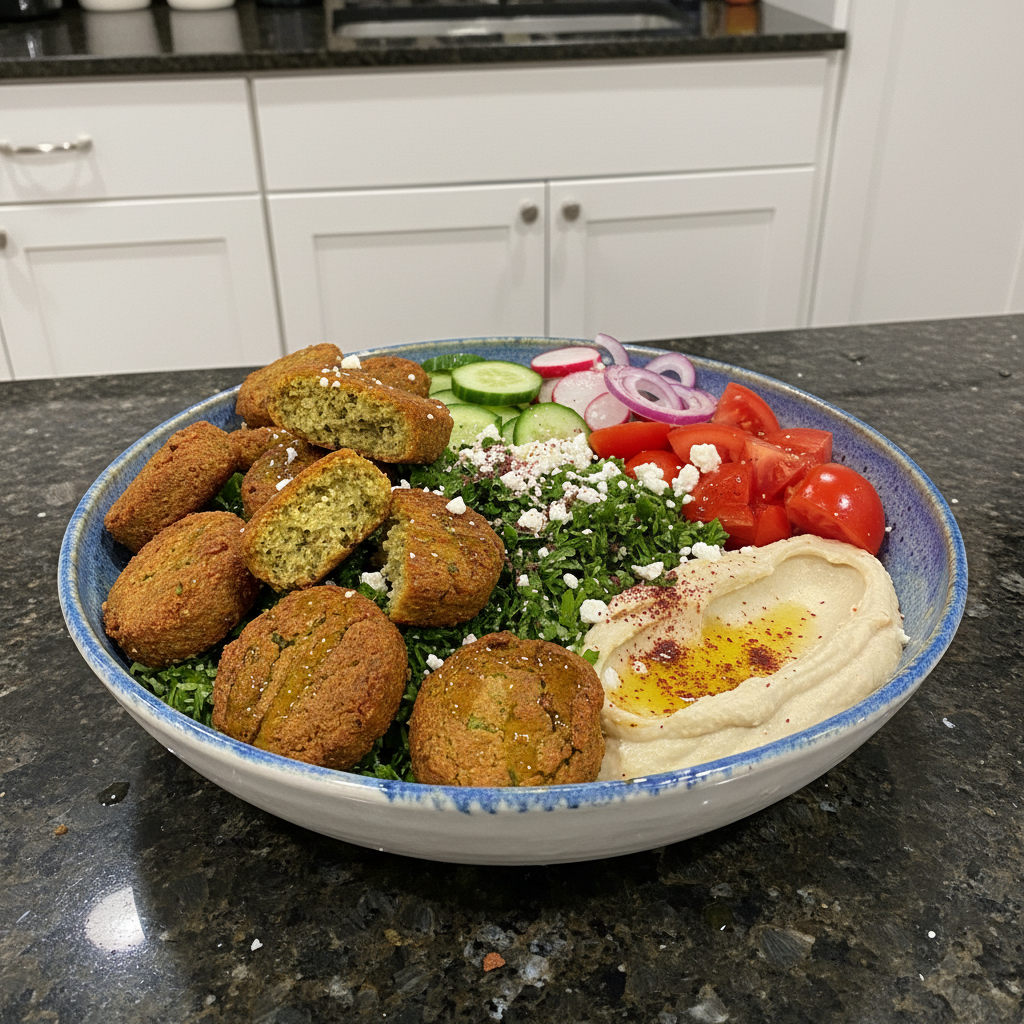Vibrant Mediterranean falafel bowl with colorful vegetables and creamy tahini dressing.