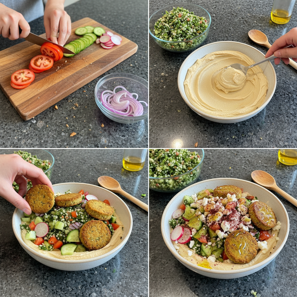 Step-by-step preparation of a homemade Mediterranean falafel bowl.
