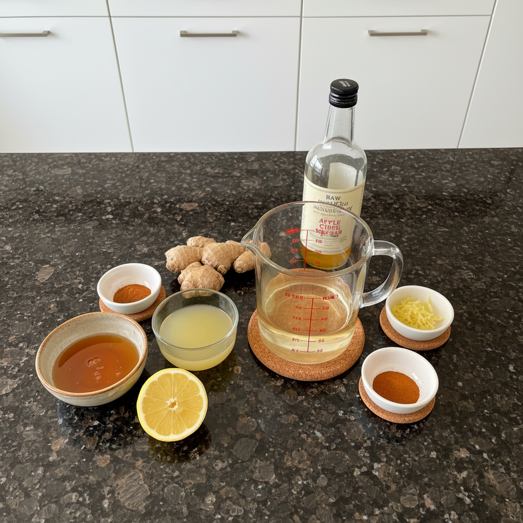 Close-up of Metabolism Tea ingredients: lemon, ginger, green tea, and spices.