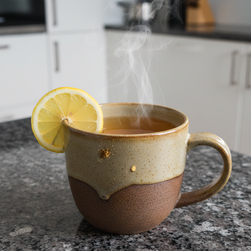 Steaming mug of Metabolism Tea with lemon and ginger, ready to boost your energy.
