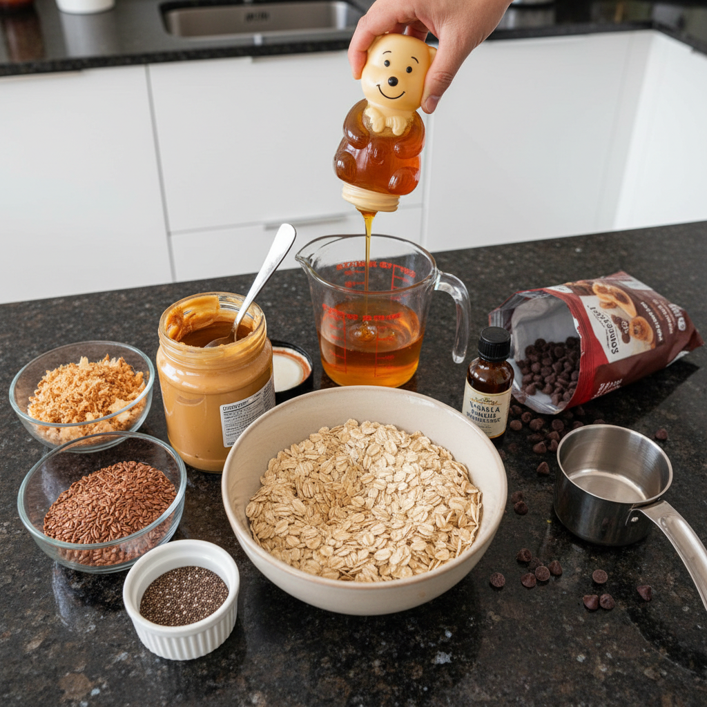Ingredients for no bake energy bites in glass bowls on a wooden surface.
