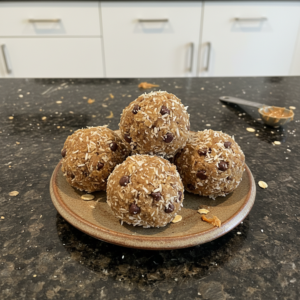 Pile of delicious no bake energy bites on a white plate.