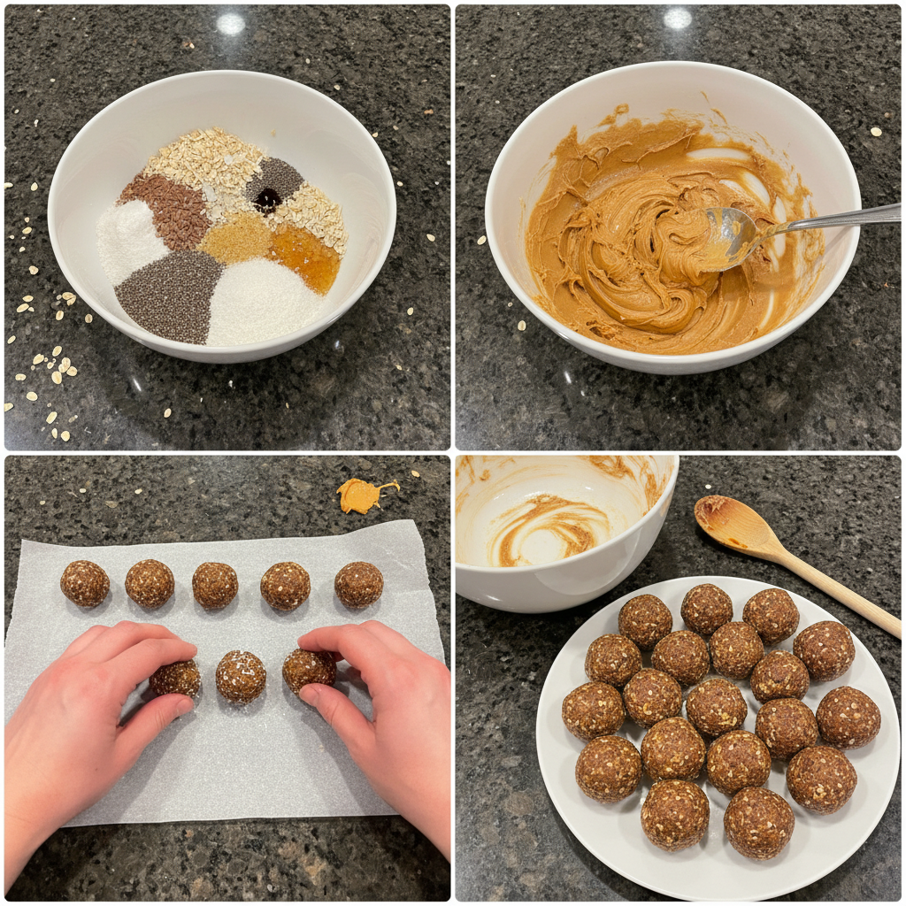 Mixing ingredients together in a bowl to prepare no bake energy bites.