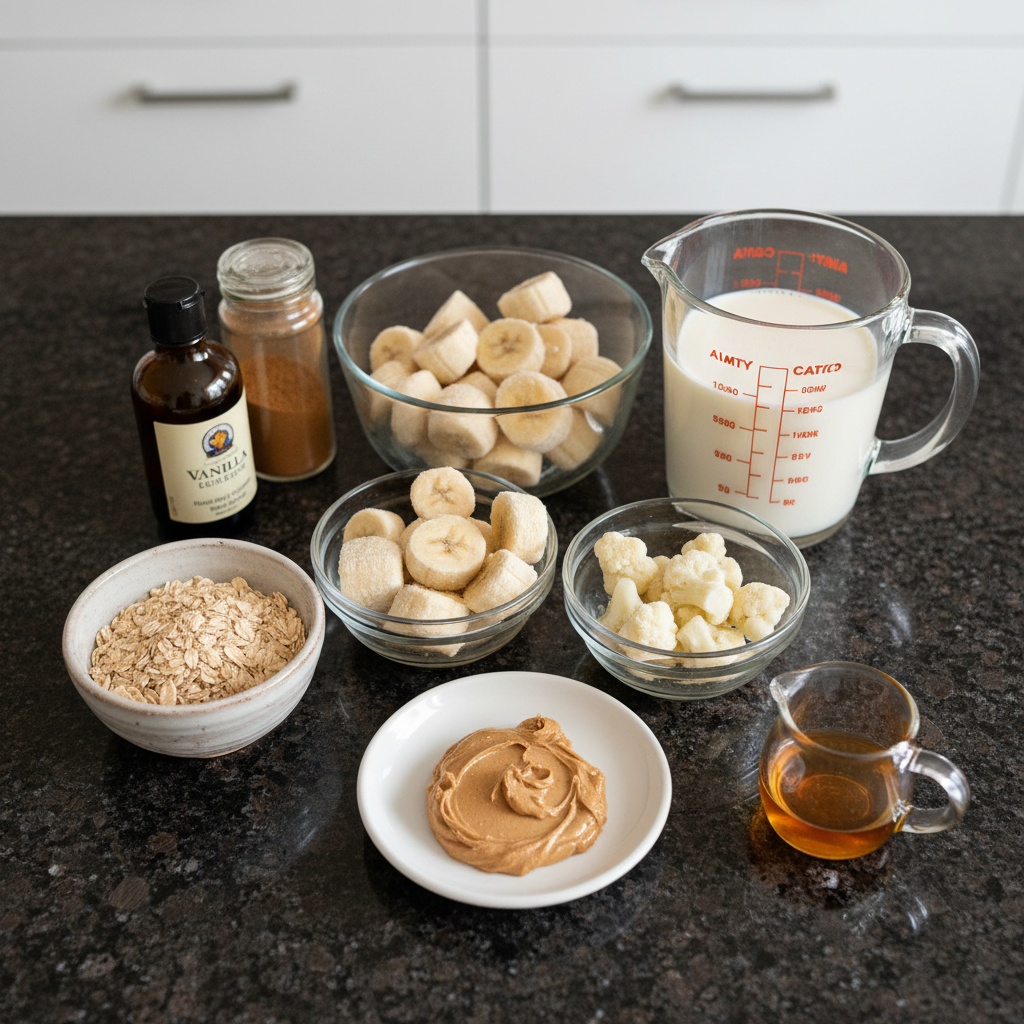 Oat smoothie bowl ingredients including oats, fruit, milk, and toppings.