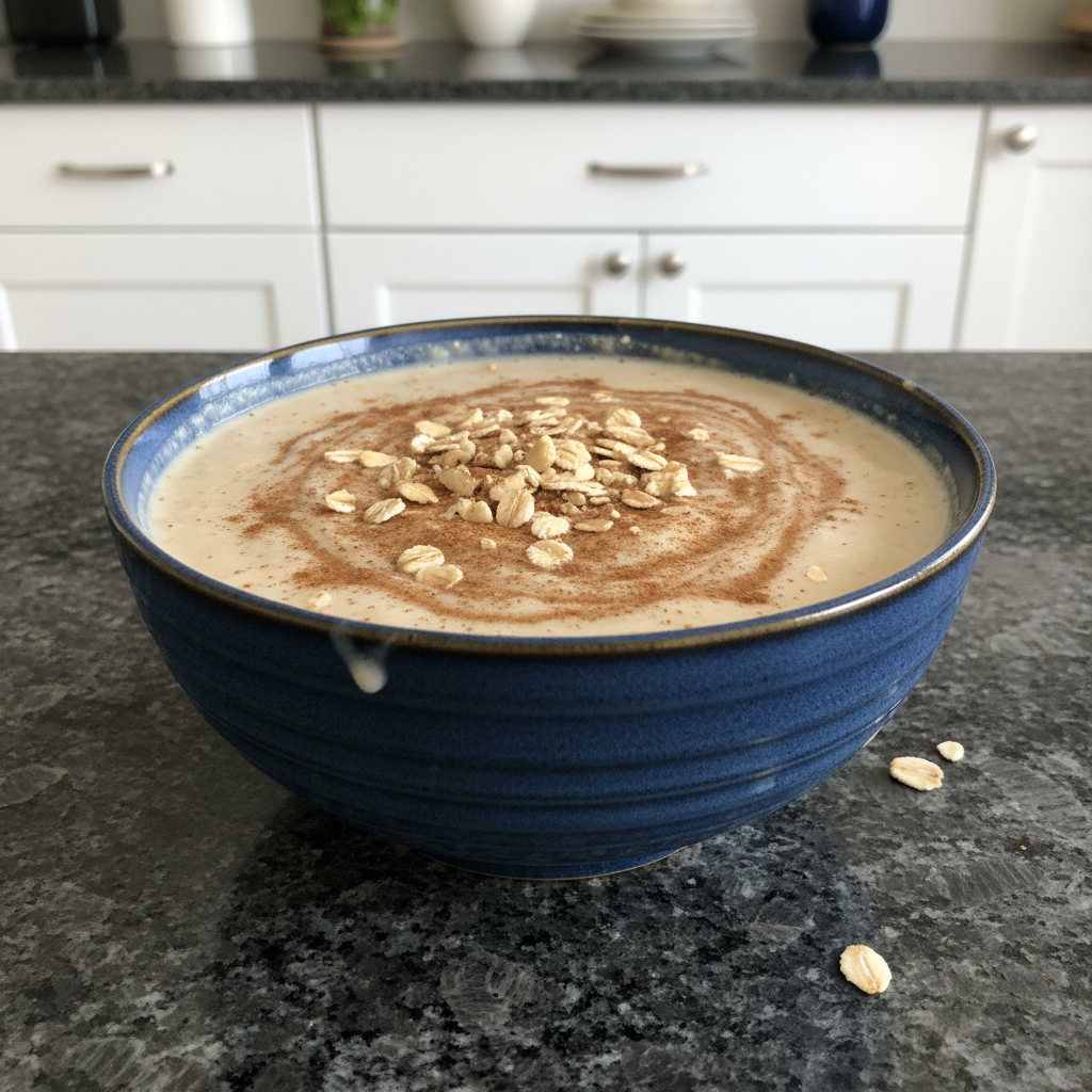 Vibrant oat smoothie bowl topped with fresh fruit and seeds, ready to eat.