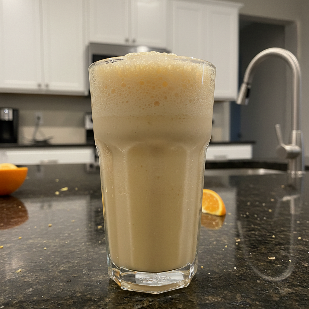 Creamy Orange Julius Smoothie in a glass, garnished with an orange slice.
