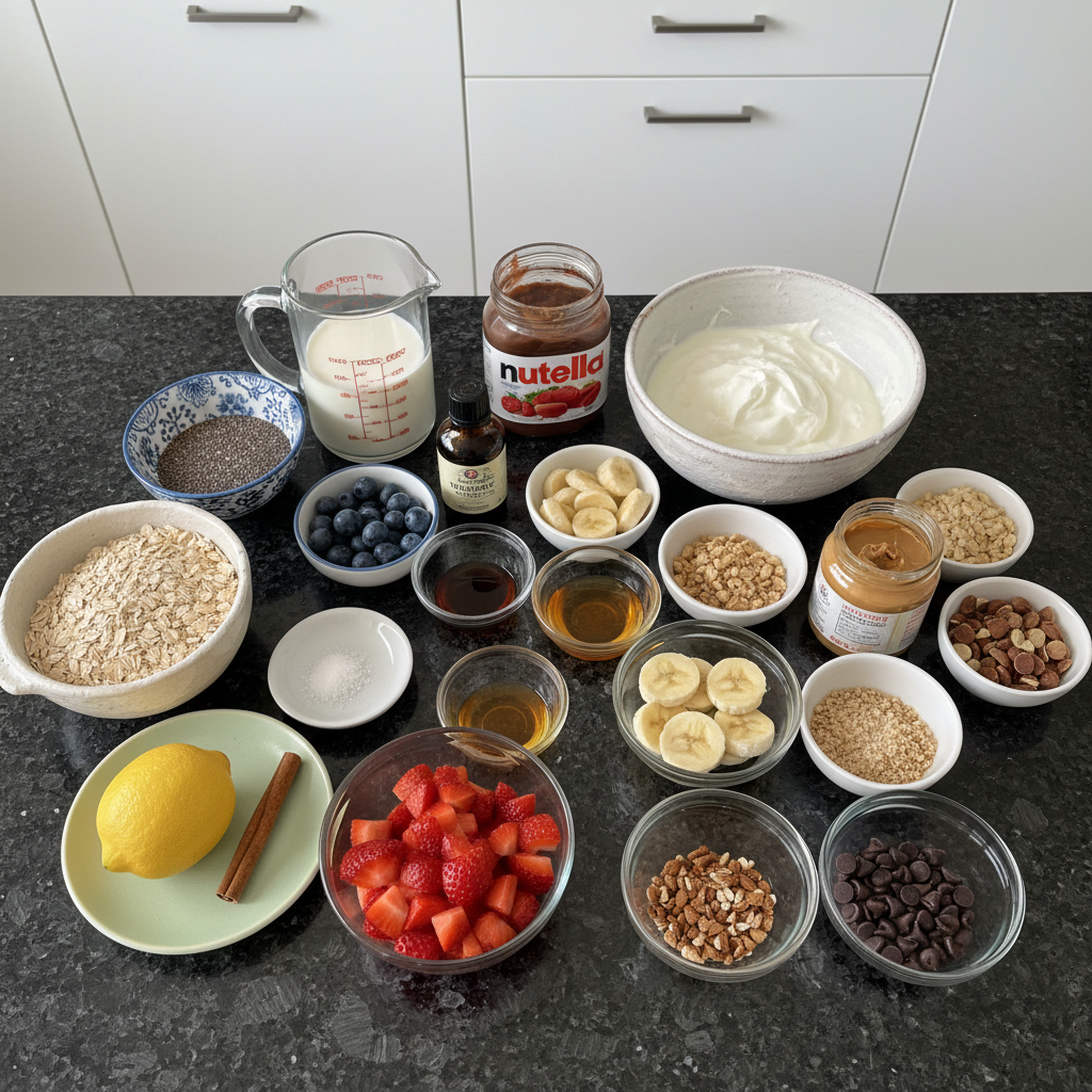 Ingredients for overnight oats including oats, milk, chia seeds, and berries.