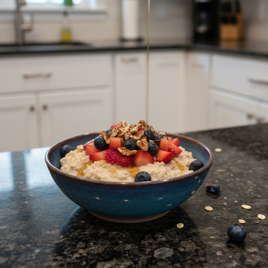 Creamy overnight oats in a glass jar with fresh berries.