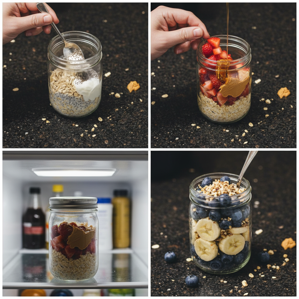 Step-by-step preparation of overnight oats in a jar.