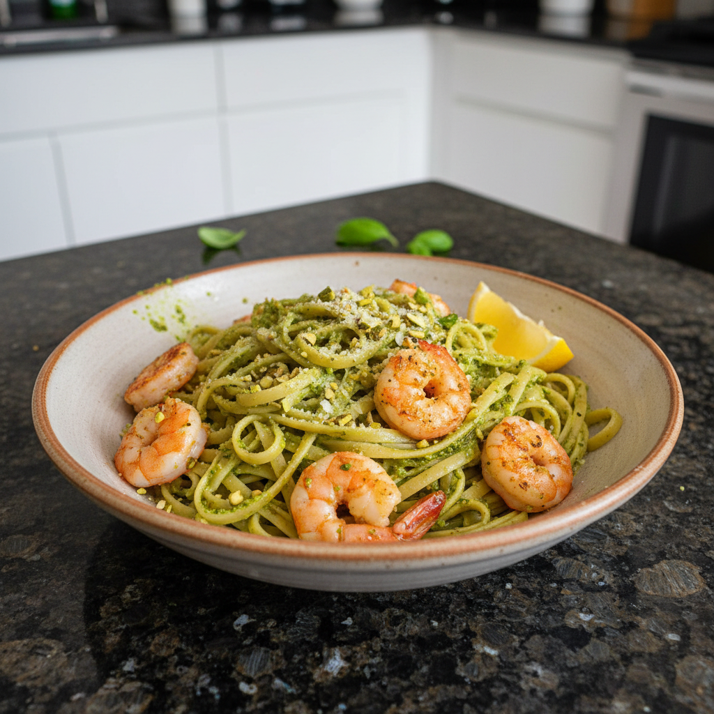 Delicious Pasta with Shrimp and Pistachio Pesto plated and ready to eat.