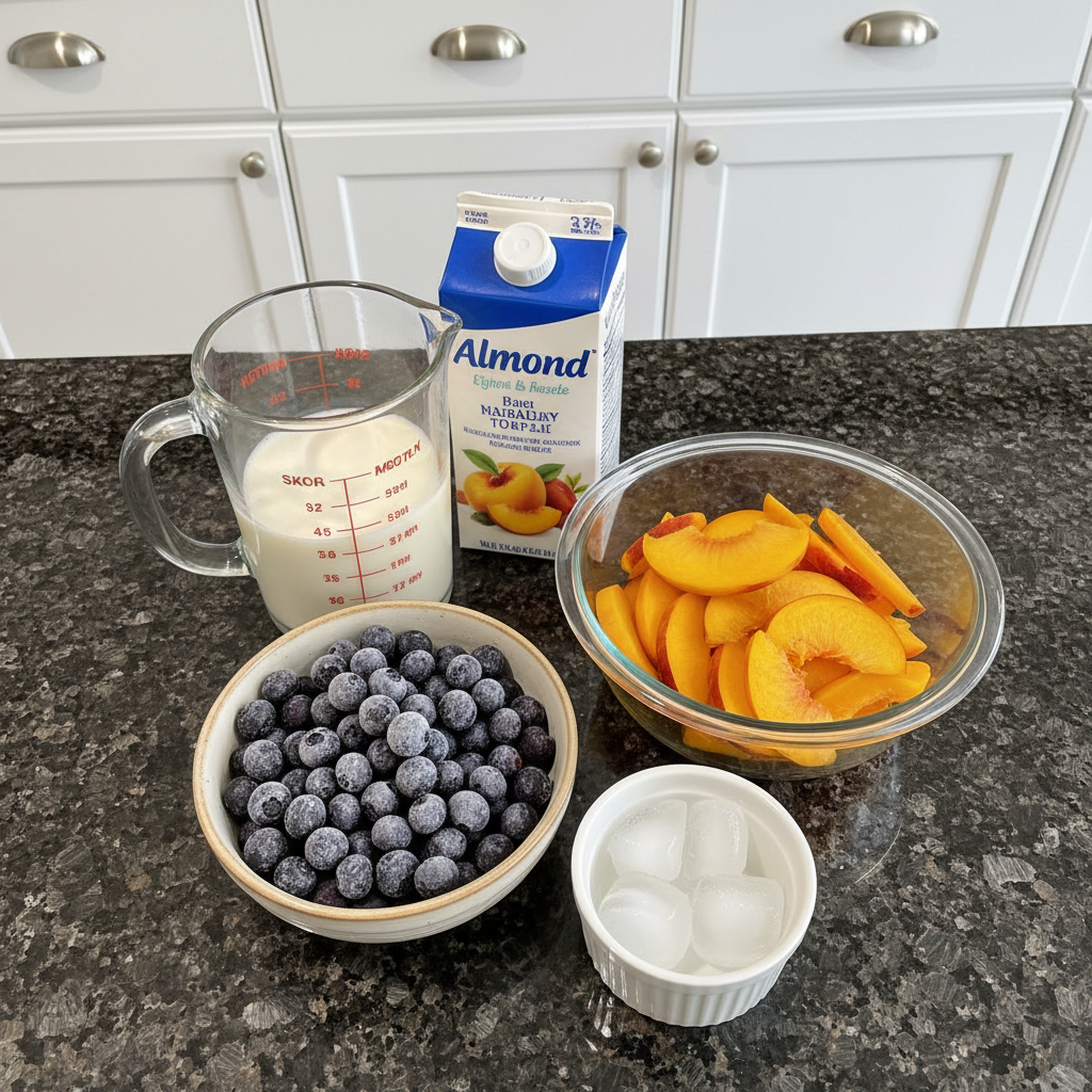 Ingredients for a peach blueberry smoothie, fresh and frozen.