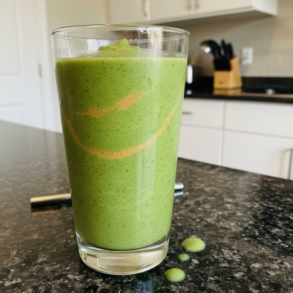 Vibrant Peach Spinach Smoothie in a glass, garnished with peach slice.