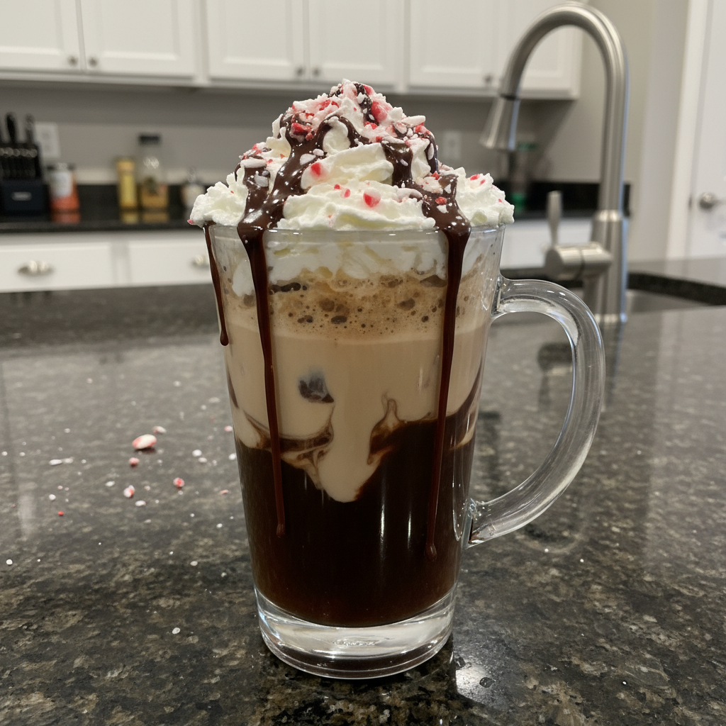 Festive Peppermint Mocha Christmas drink with whipped cream and candy cane.