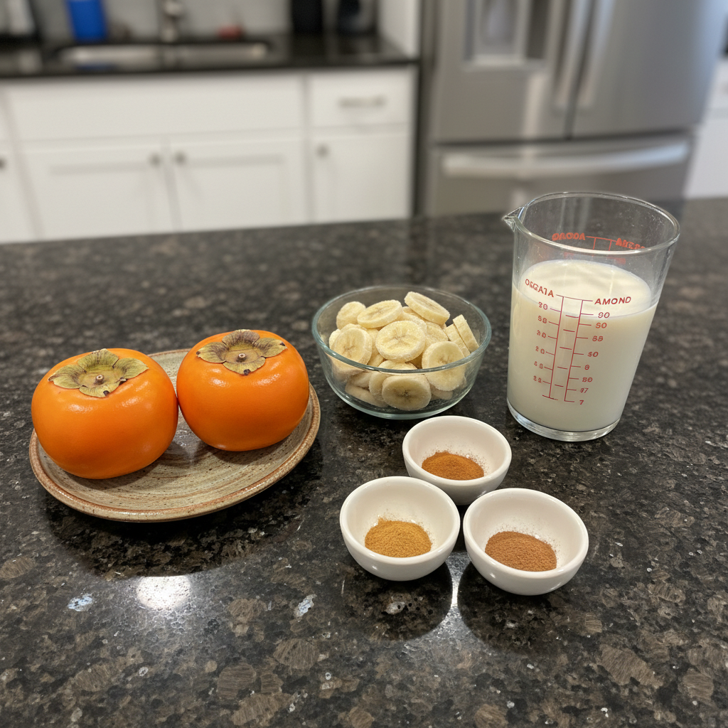 Ingredients for a Persimmon Smoothie arranged on a wooden surface.