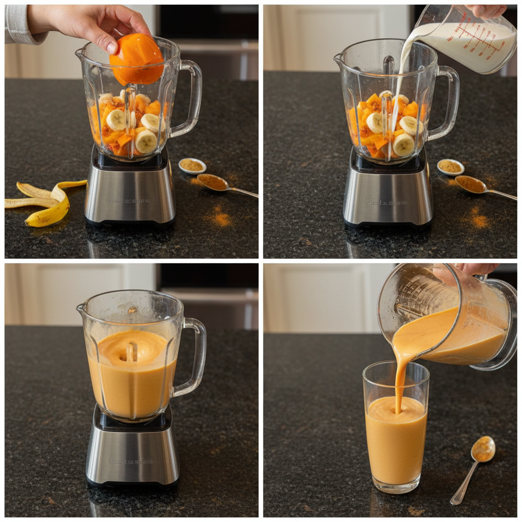 Blending a Persimmon Smoothie in a high-speed blender until smooth.