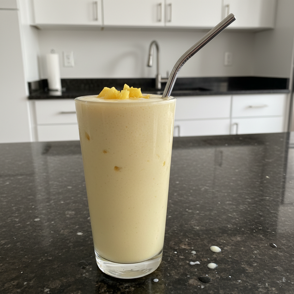 Vibrant Pineapple Energy Smoothie in a glass with tropical fruit. Delicious and refreshing!