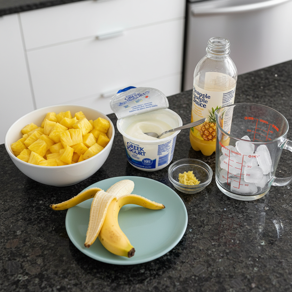 Pineapple, ginger, and other fresh ingredients for making a smoothie.