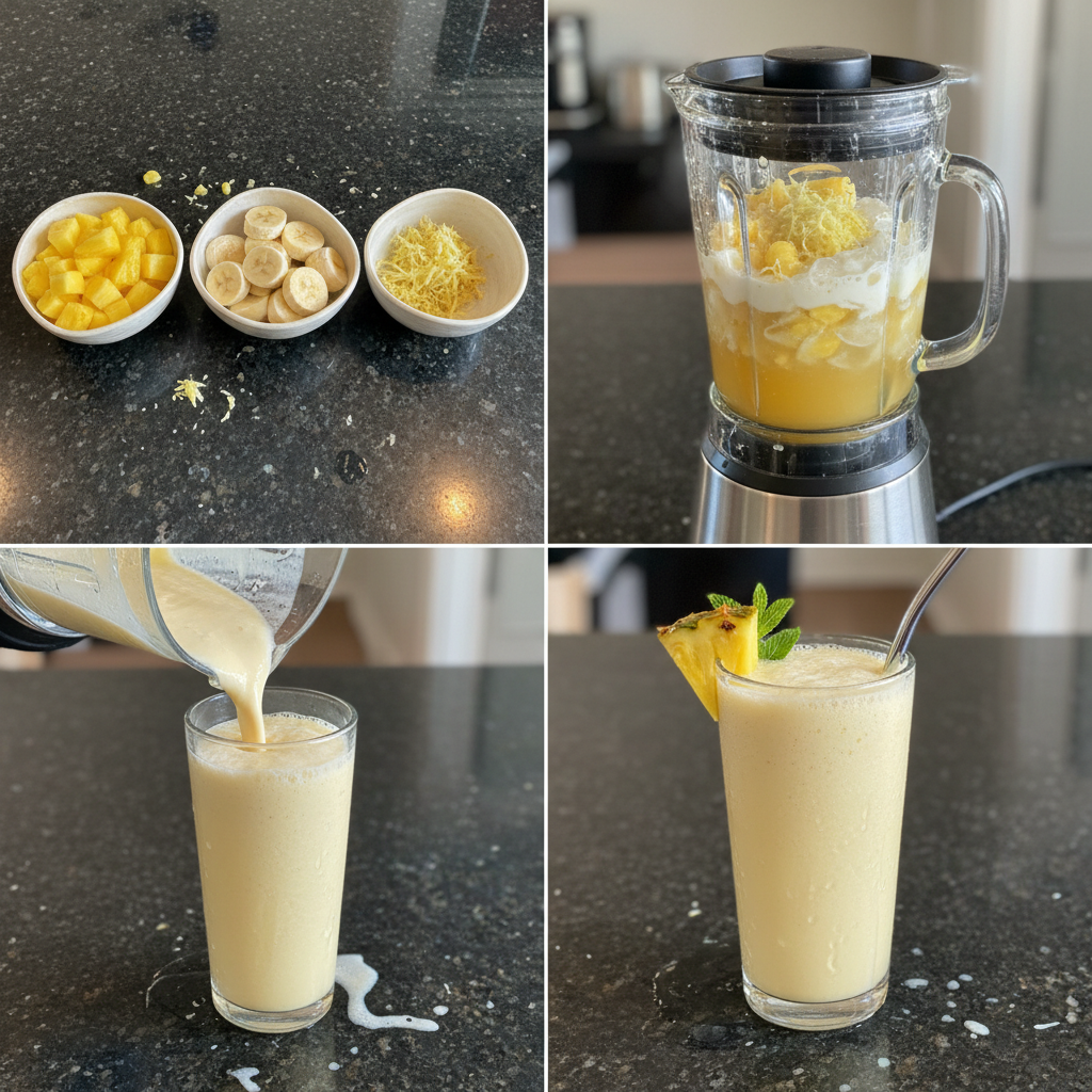 Blending pineapple ginger smoothie ingredients in a blender.
