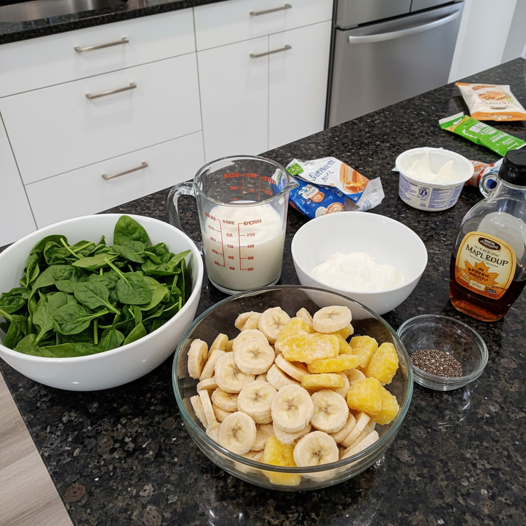 Pineapple, spinach, banana and other ingredients for pineapple green smoothie.