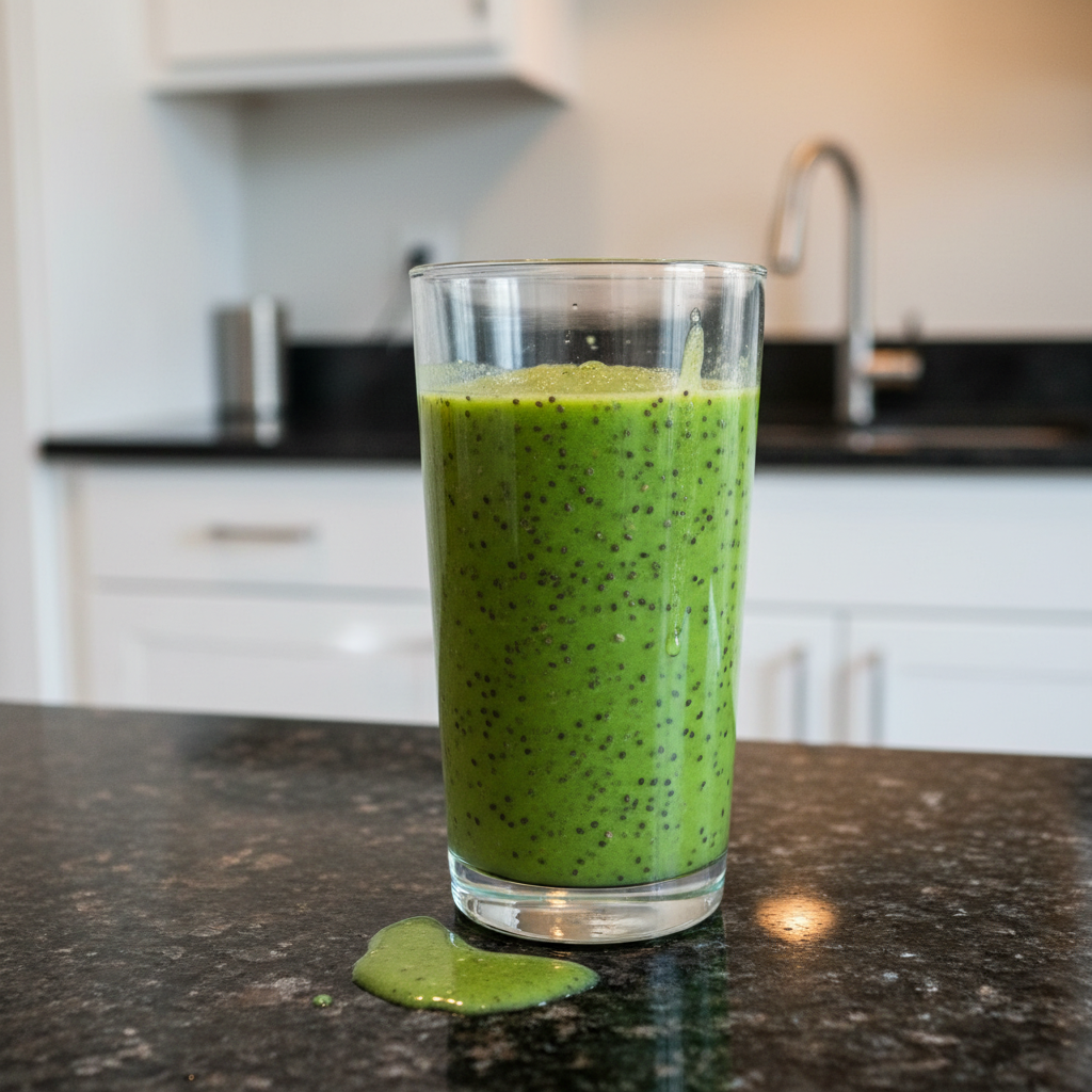 Vibrant pineapple green smoothie in a glass, garnished with pineapple.