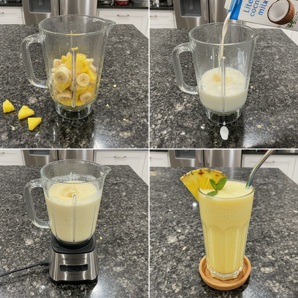 Blending a pineapple smoothie until smooth and frothy.