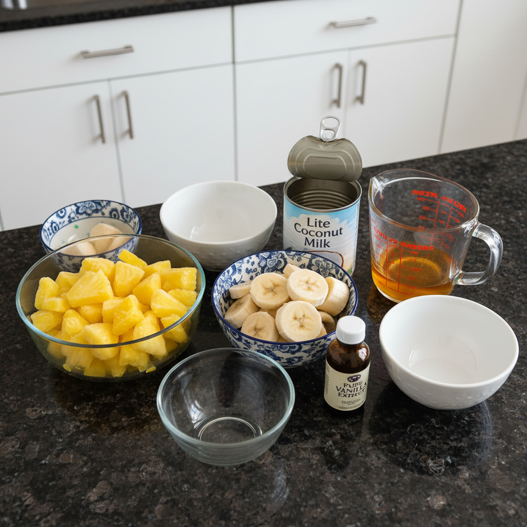 Pineapple smoothie ingredients: pineapple chunks, banana, yogurt, and ice.