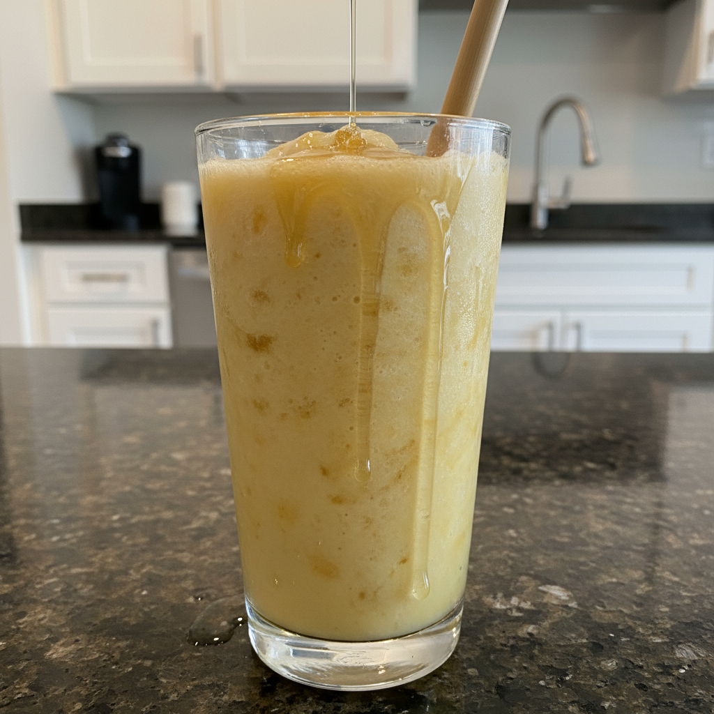 Creamy pineapple smoothie in a glass, garnished with fresh pineapple.