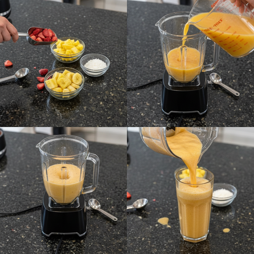 Preparing Pineapple Surf Smoothie King Copycat, blending fruits and liquids.