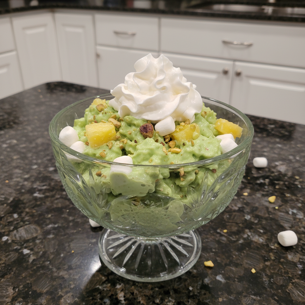 Vibrant pistachio salad with fluffy whipped topping and mandarin oranges.