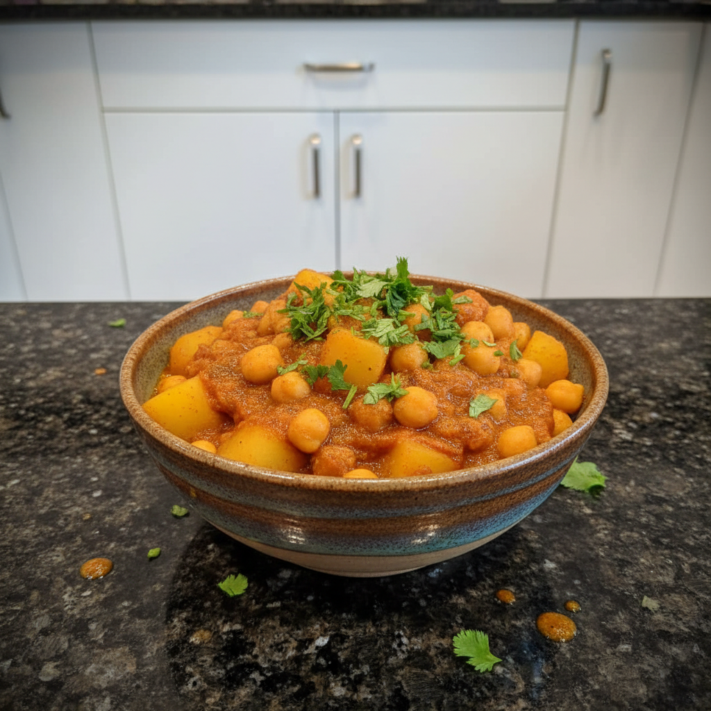 A flavorful bowl of Potato Curry, garnished with cilantro and spices.