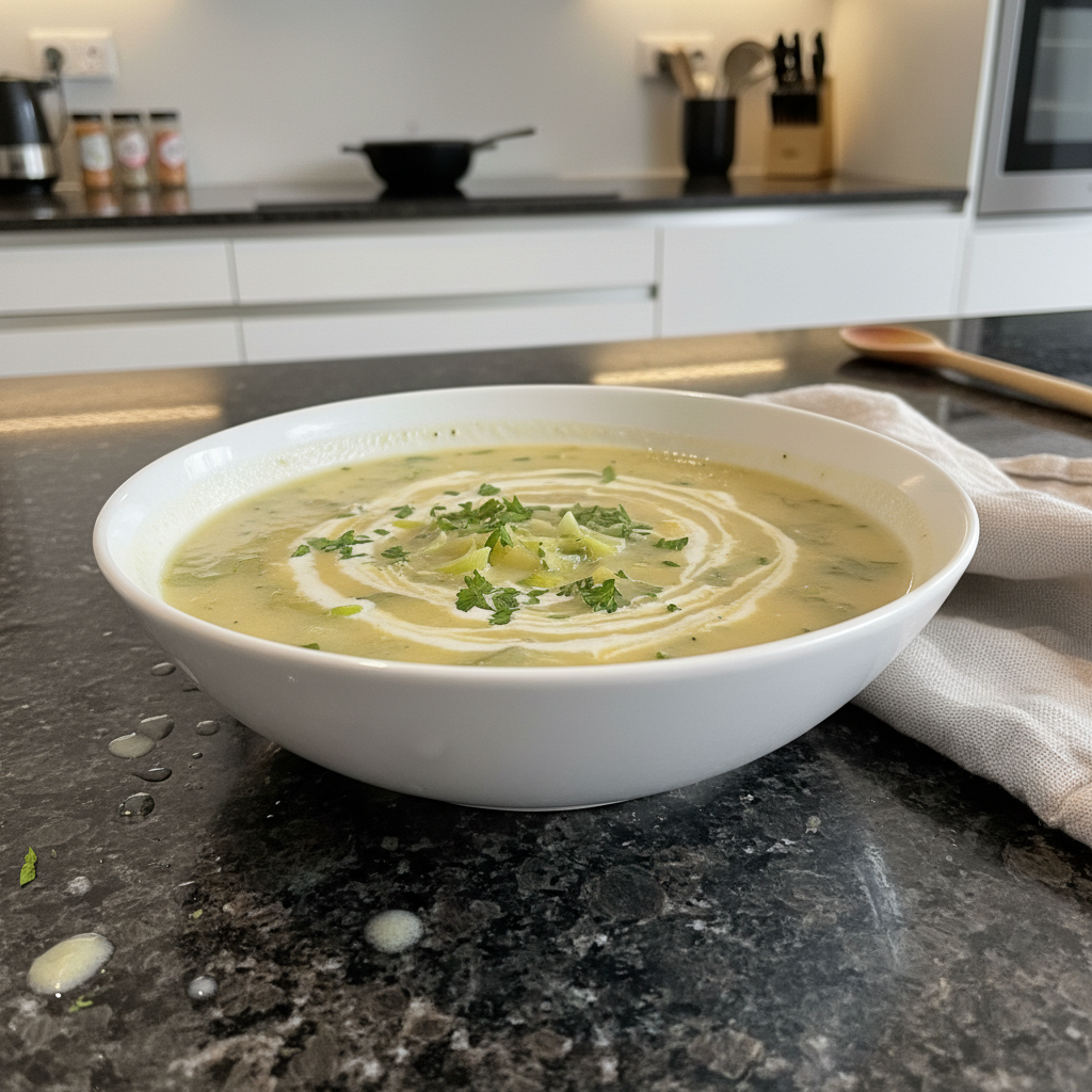 Creamy potato leek soup recipe served in a rustic bowl with fresh herbs.