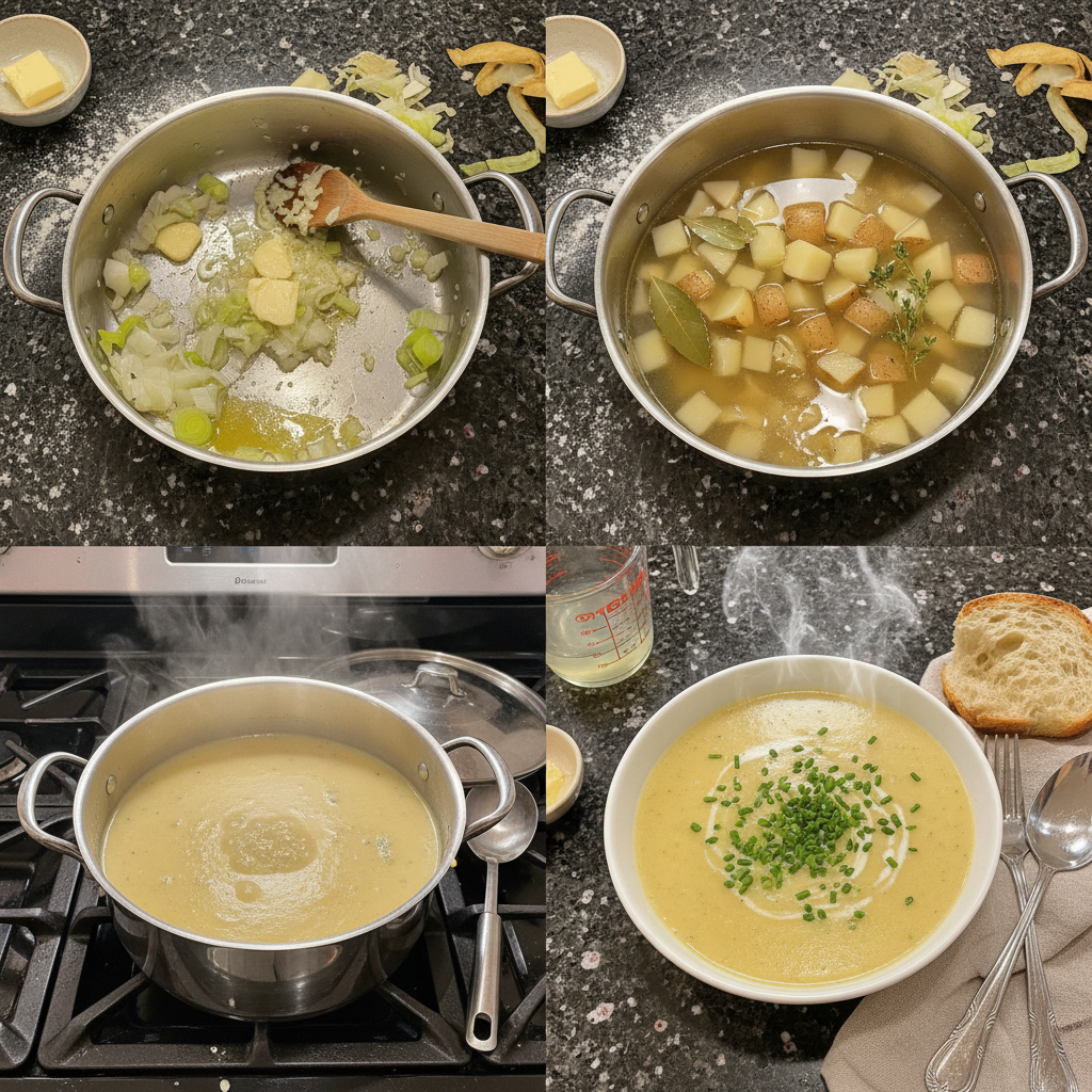 Step-by-step prep of potato leek soup recipe: sautéing leeks in a pot.
