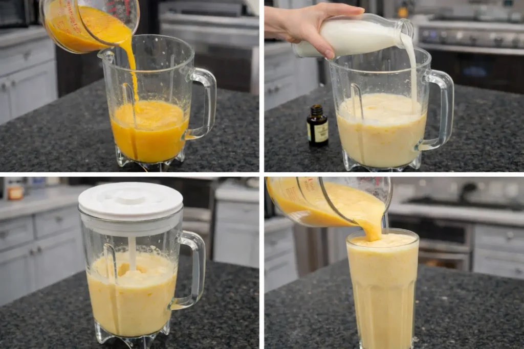 orange-julius-smoothie-prep Blending an Orange Julius Smoothie until smooth and frothy.