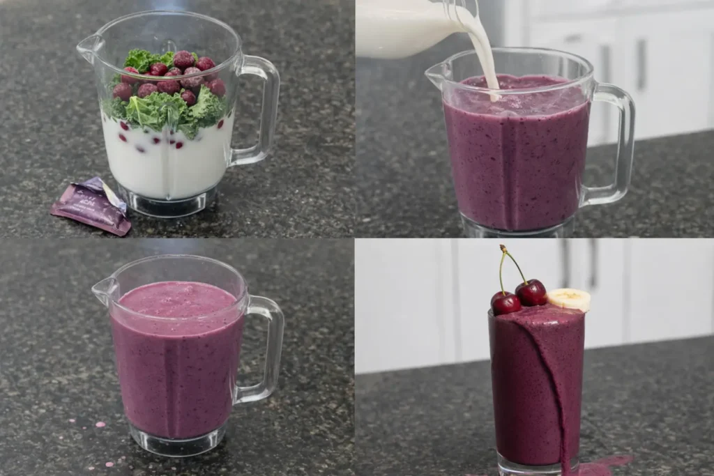 cherry-acai-smoothie-prep Blending cherry acai smoothie ingredients in a high-speed blender.