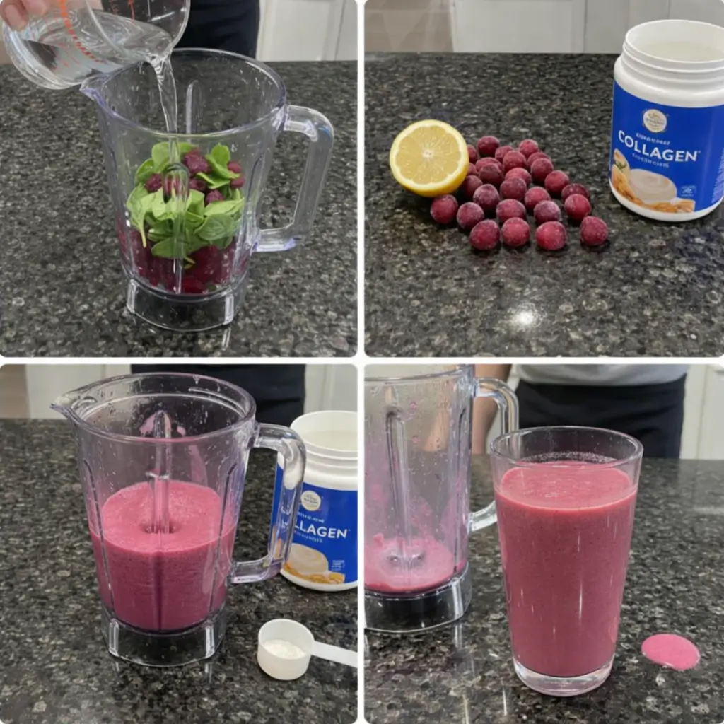 cherry-collagen-smoothie-prep Blending the cherry collagen smoothie in a high-speed blender until smooth.
