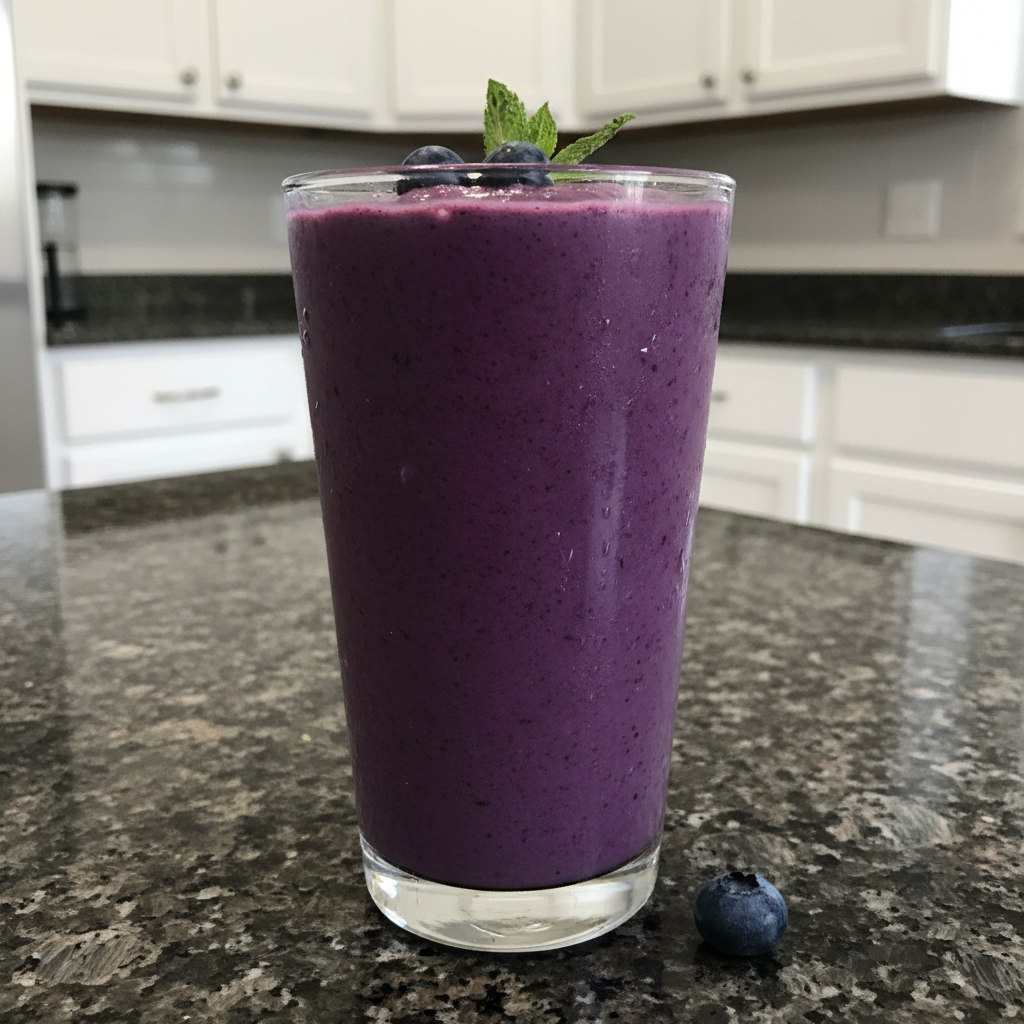 Creamy probiotic smoothie swirling in a glass, topped with fresh berries.