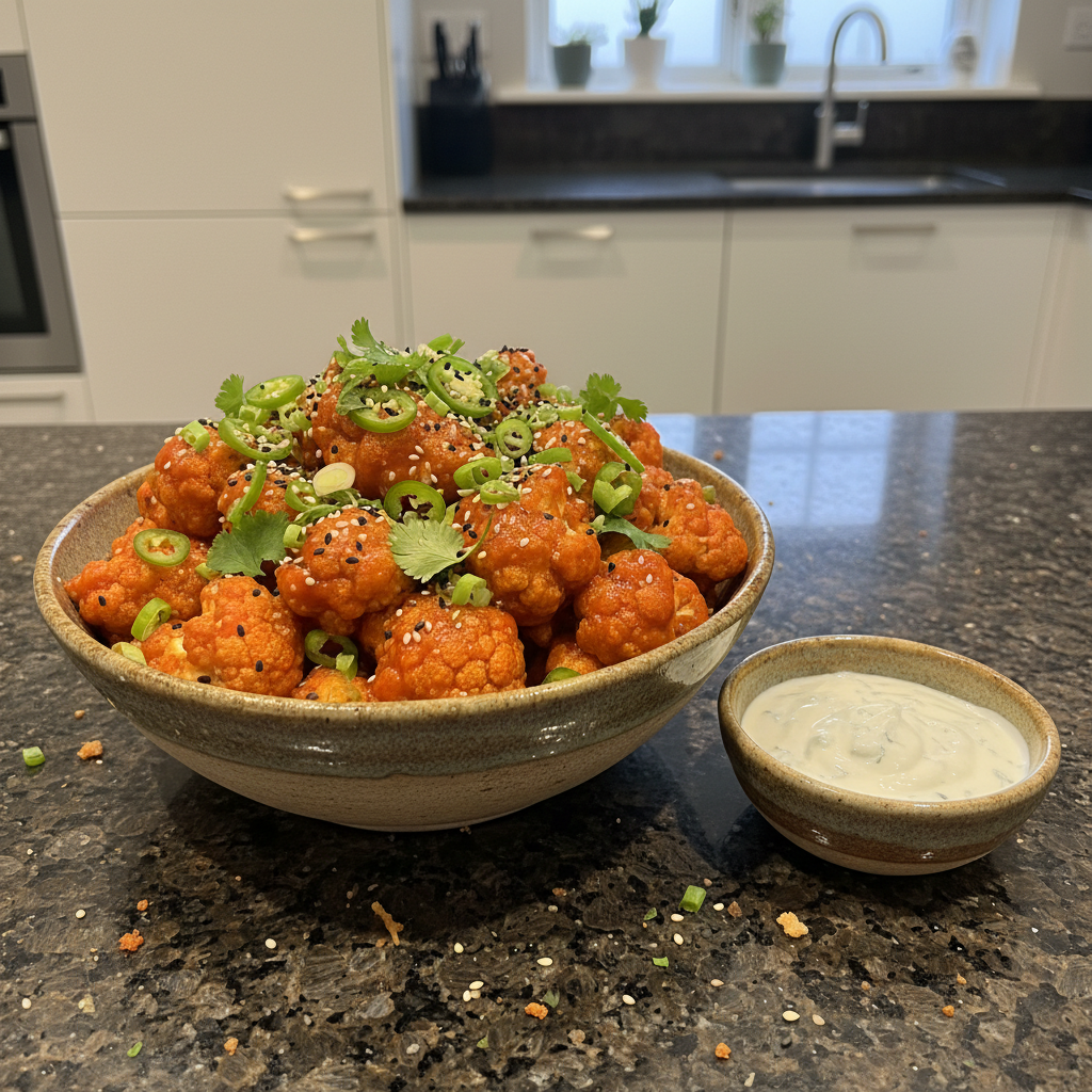 Crispy ranch cauliflower popcorn, fresh out of the oven and seasoned.