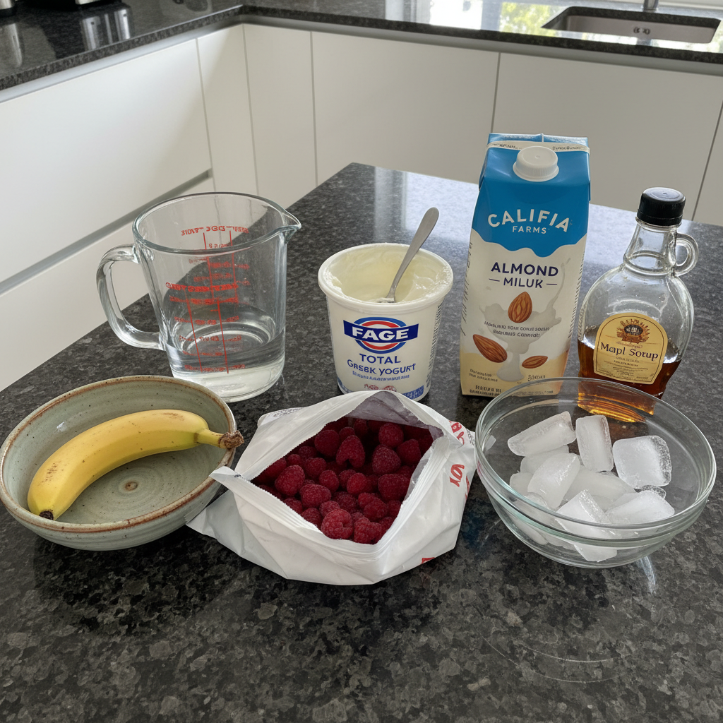 Fresh ingredients for making a raspberry smoothie.
