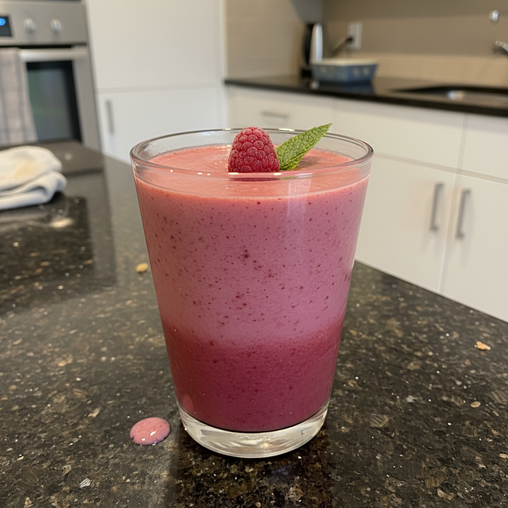 Vibrant raspberry smoothie in a glass, garnished with fresh raspberries.