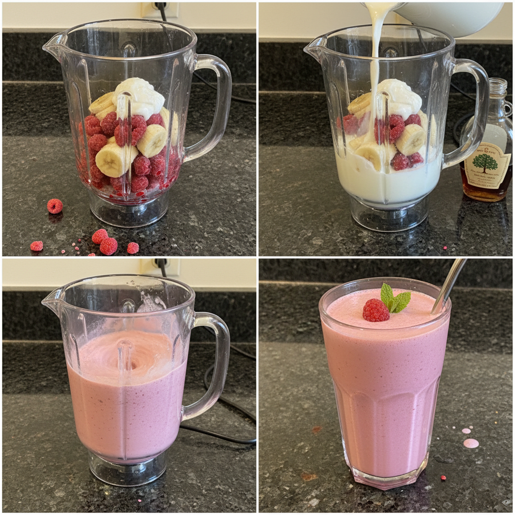 Blending a homemade raspberry smoothie in a kitchen.