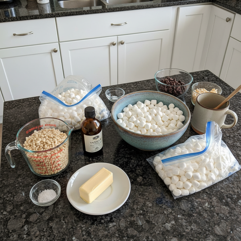 Close up of Rice Krispies, marshmallows, and butter, for making Rice Krispie Treats.