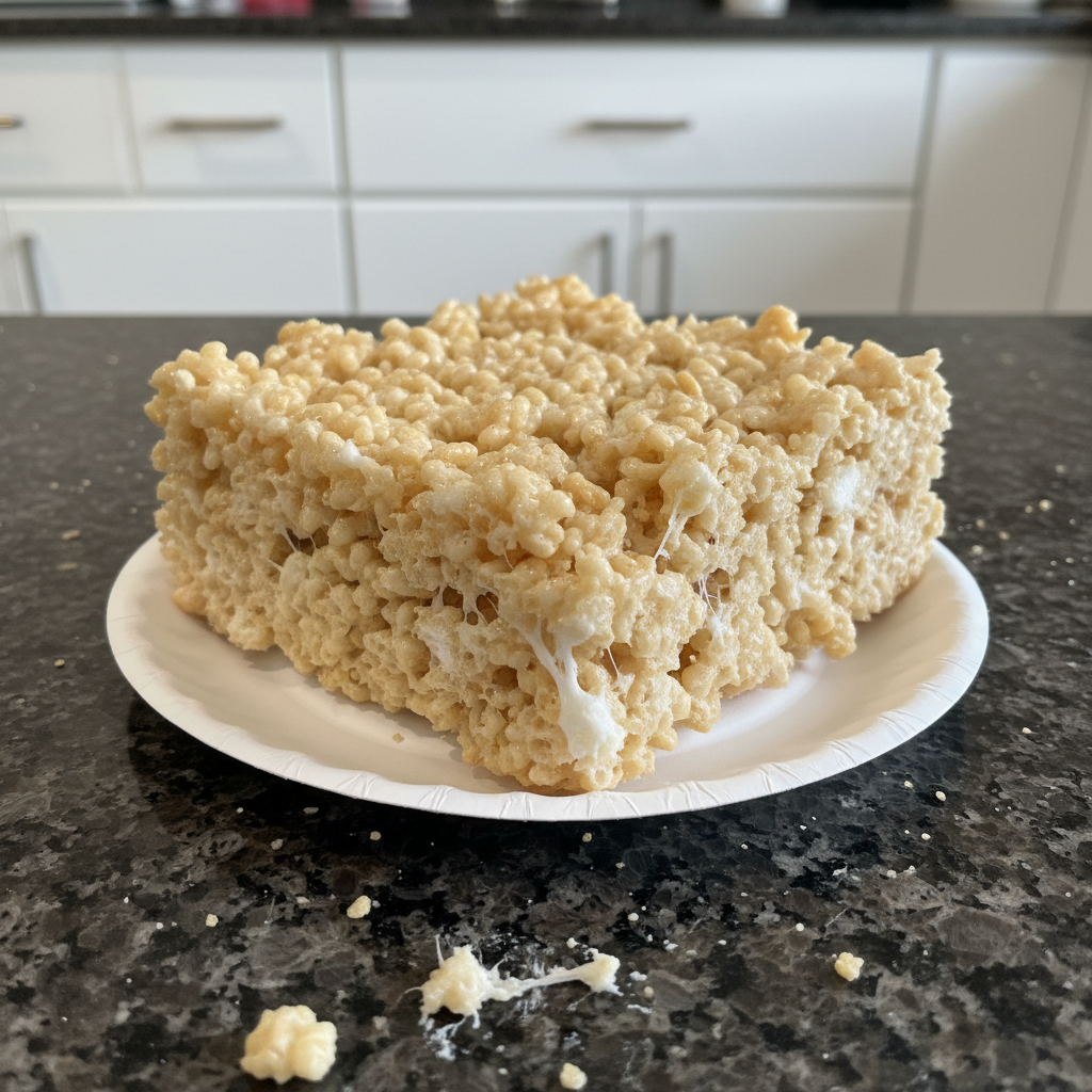 Golden, gooey Rice Krispie Treats on a white plate, ready to eat.