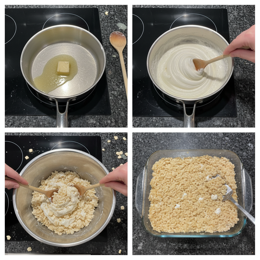 Melting marshmallows with butter in a saucepan to create Rice Krispie Treats.