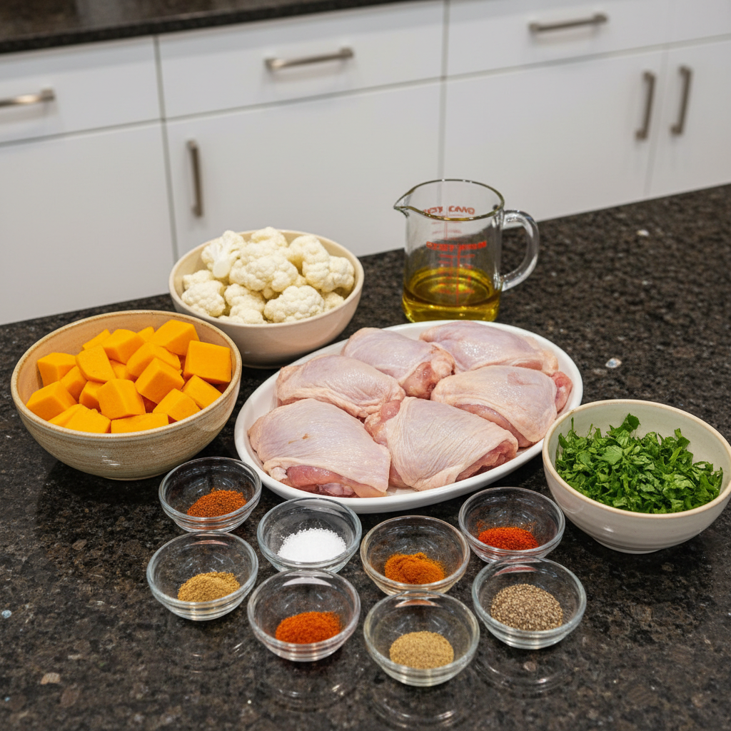 Raw ingredients for sheet pan chicken with butternut squash and cauliflower recipe.